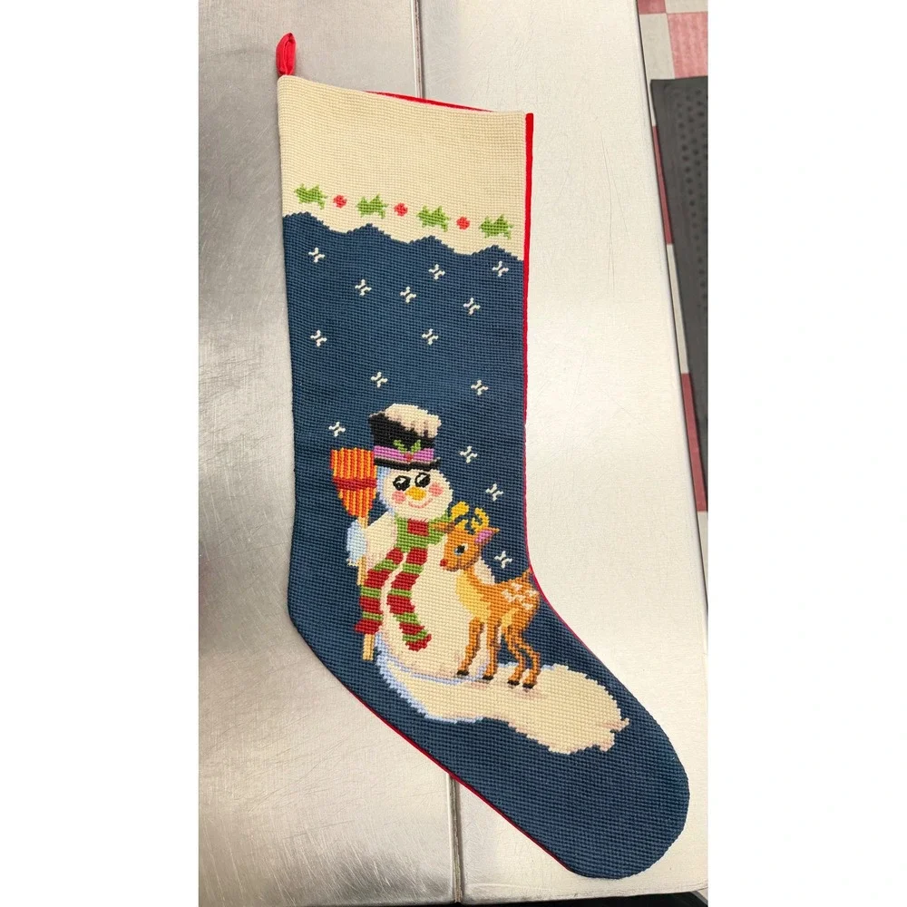 Steinwinder Enterprises Needlepoint Christmas Stocking Snowman Deer Blue Red